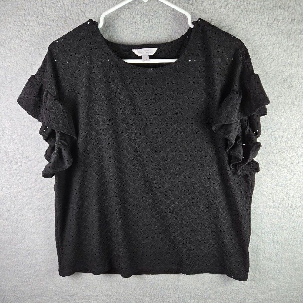 LC Lauren Conrad Blouse Womens Large Black Eyelet Ruffle Flutter Sleeve Top